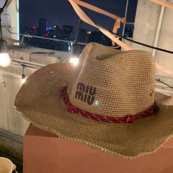 Women Miu Miu Garden Party Straw Hat - Red Detail on Natural Raffia - Picture 1 of 5